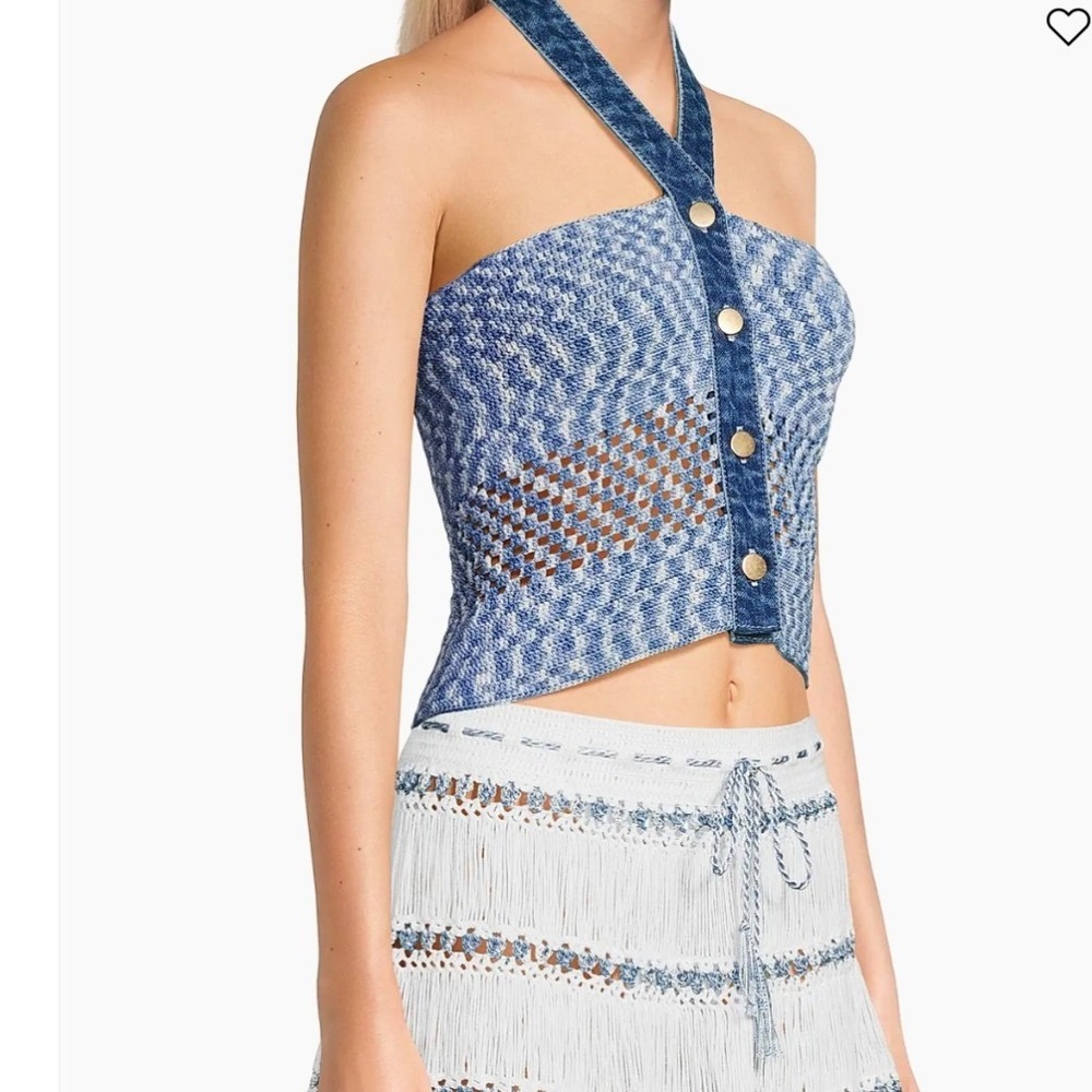 My Beachy Side Muse Crochet Halter Crop Top Blue Resort White‎ Denim NEW Size M